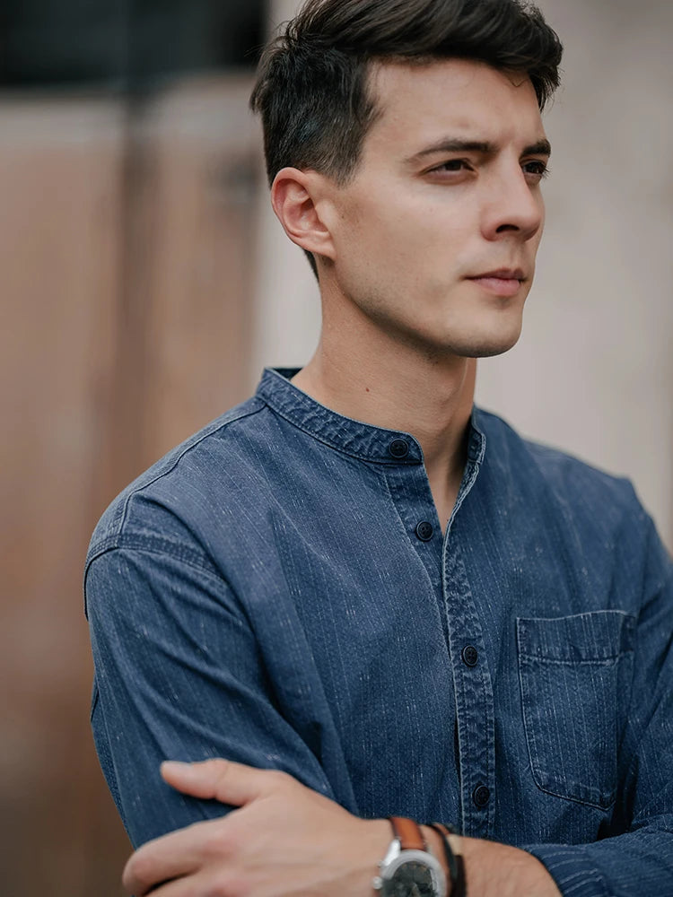 Oversized Vintage Indigo Shirt – 100% Cotton Stand Collar