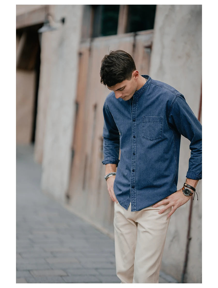 Oversized Vintage Indigo Shirt – 100% Cotton Stand Collar