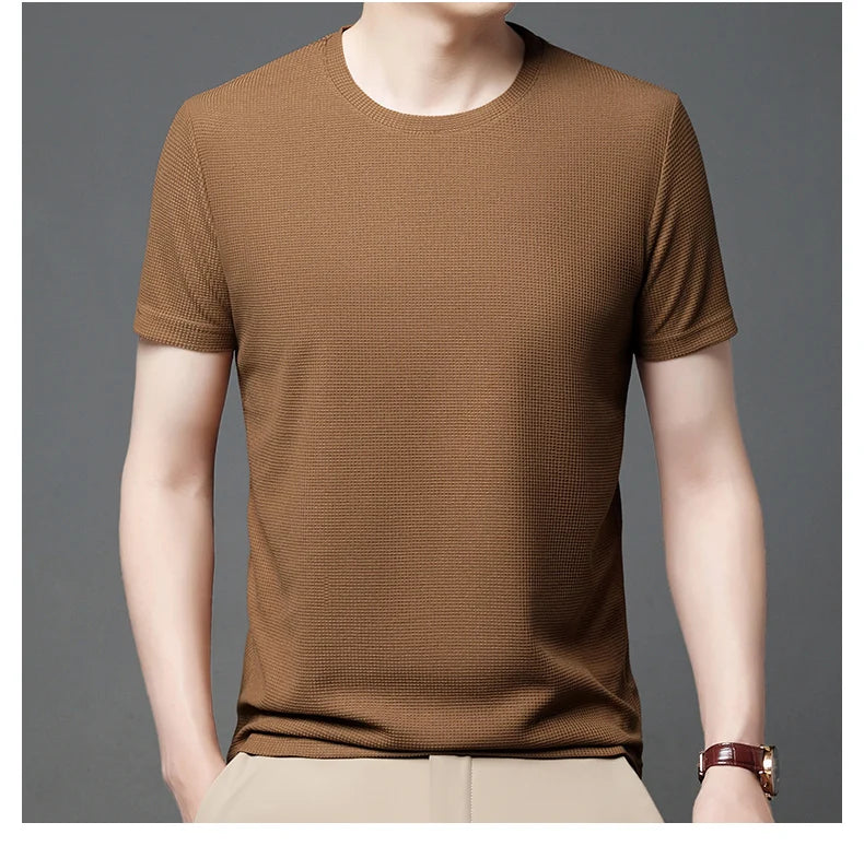 Men's Waffle Round Neck Short Sleeved T-shirt